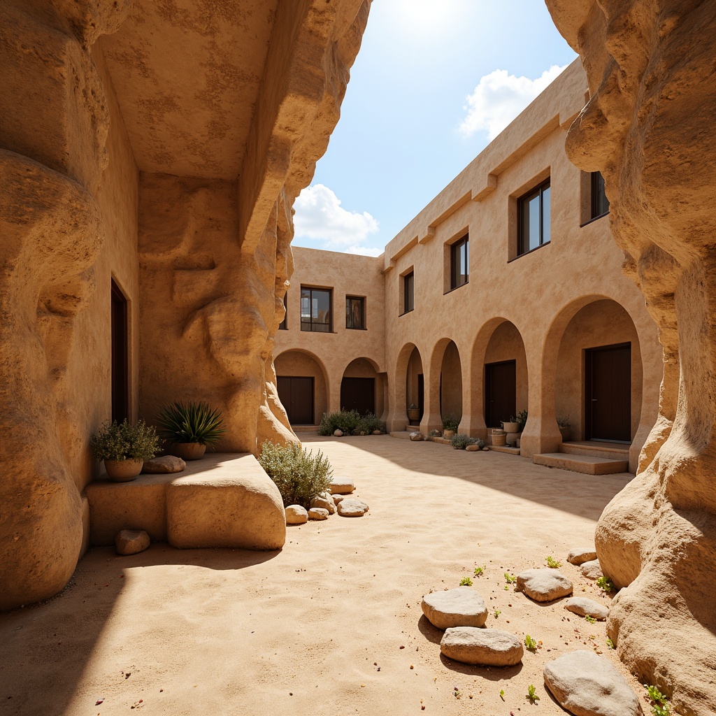 Prompt: Weathered sand-casted walls, rough stone textures, earthy tones, organic forms, natural erosion patterns, desert landscape, warm sunny day, soft diffused lighting, shallow depth of field, 3/4 composition, realistic renderings, ambient occlusion, intricate geometric details, ancient architectural inspirations.