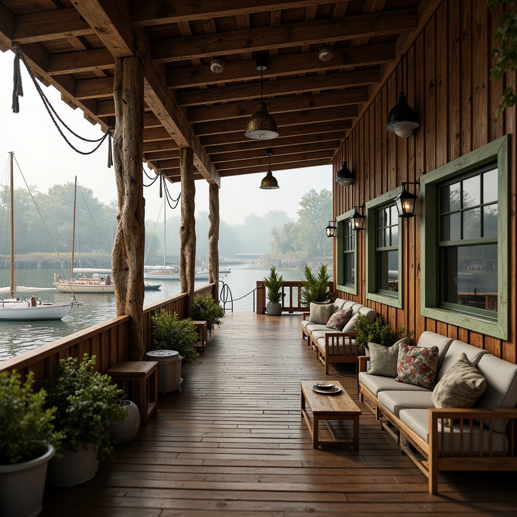 Prompt: Weathered wooden docks, rustic nautical ropes, vintage sailboats, serene lake scenery, misty morning atmosphere, soft warm lighting, natural stone foundations, classic boathouse architecture, earthy brown color palette, muted green accents, creamy white trim, distressed wood textures, ornate metal fixtures, elegant lanterns, cozy interior spaces, plush furnishings, rich wood tones, subtle nautical patterns, nostalgic ambiance, shallow depth of field, 1/1 composition, realistic reflections.