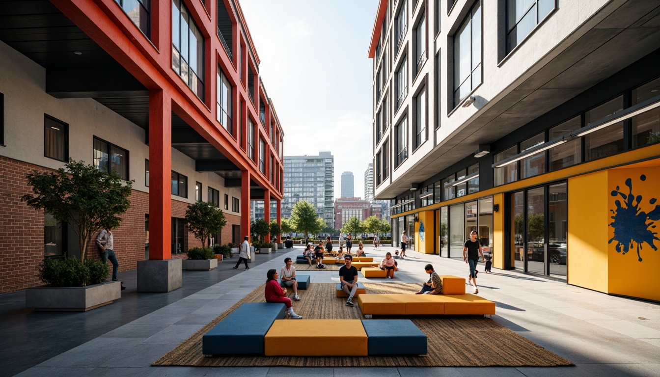 Prompt: Geometric student halls, bold primary colors, rectangular windows, flat roofs, functionalist architecture, industrial materials, exposed brick walls, steel beams, minimalist decor, communal living spaces, modern furniture, abstract artwork, natural light, 1/1 composition, high contrast lighting, dramatic shadows, urban surroundings, cityscape views, busy streets, contemporary urban life.