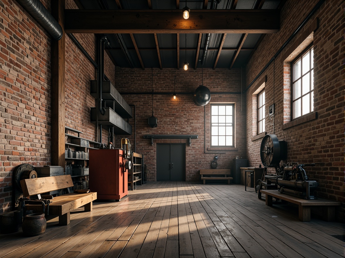 Prompt: Industrial factory setting, exposed brick walls, metal beams, worn wooden floors, vintage machinery, distressed textures, earthy tones, muted colors, rusty reds, weathered blues, faded yellows, industrial greys, urban atmosphere, gritty realism, high contrast lighting, dramatic shadows, cinematic composition, 1/2 camera angle, realistic renderings, ambient occlusion.