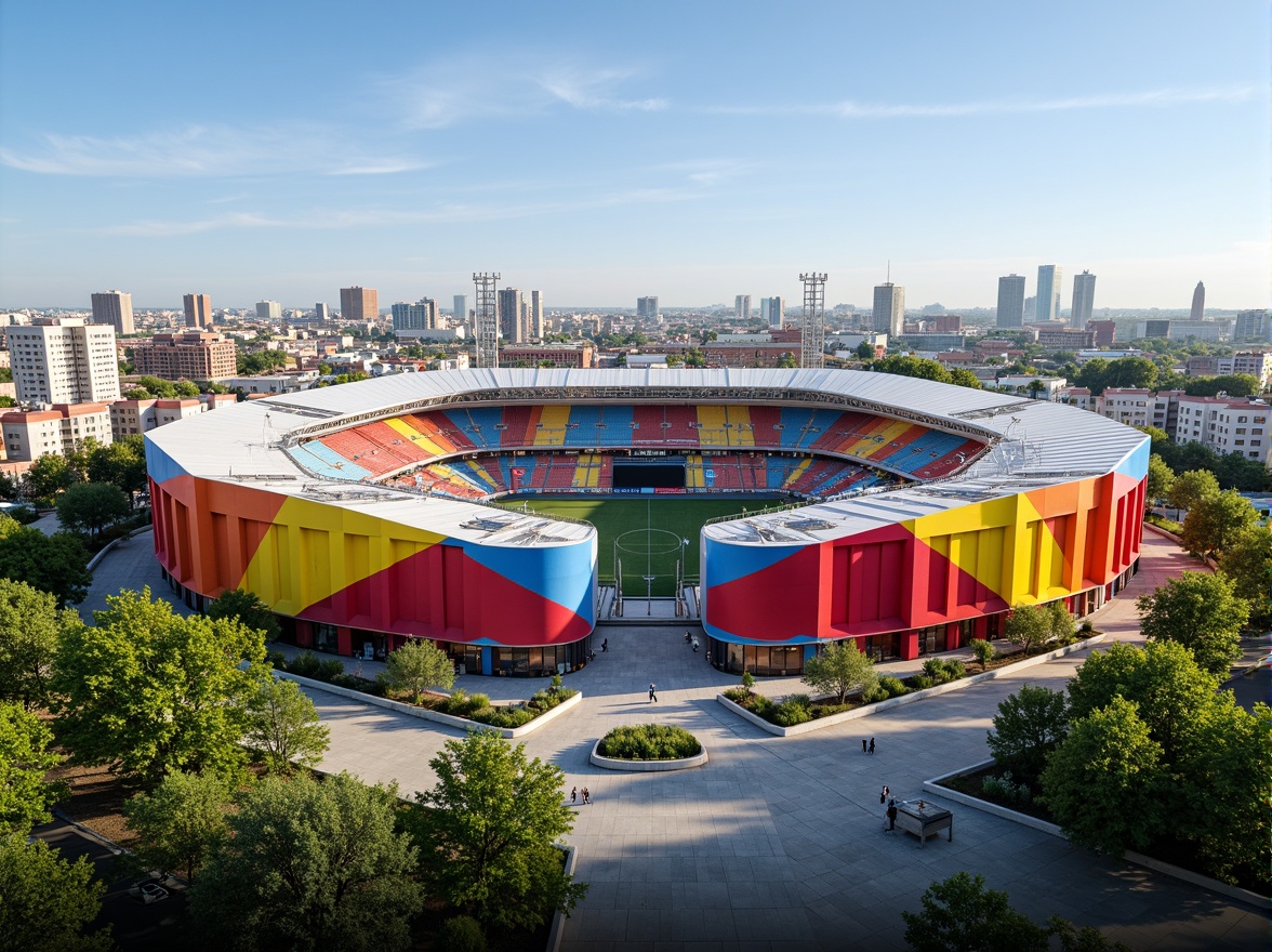 Prompt: Vibrant soccer stadium, social housing facade, bold color scheme, dynamic curves, angular lines, modern architecture, cantilevered roofs, large windows, metal cladding, concrete structures, urban landscape, city skyline, sunny day, dramatic lighting, shallow depth of field, 3/4 composition, panoramic view, realistic textures, ambient occlusion.