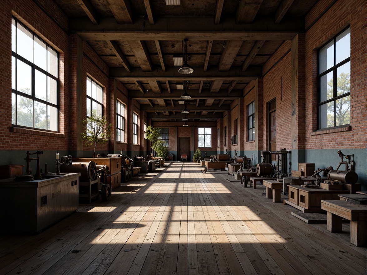 Prompt: Industrial factory setting, exposed brick walls, metal beams, worn wooden floors, vintage machinery, distressed textures, earthy tones, muted colors, rusty reds, weathered blues, faded yellows, industrial greys, urban atmosphere, gritty realism, high contrast lighting, dramatic shadows, cinematic composition, 1/2 camera angle, realistic renderings, ambient occlusion.