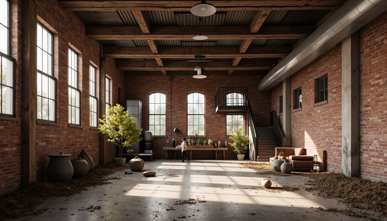 Prompt: Rustic industrial landscape, abandoned factories, worn brick walls, distressed metal roofs, reclaimed wood accents, earthy tones, natural textures, regional materials, local craftsmanship, exposed ductwork, concrete floors, steel beams, functional minimalism, industrial chic aesthetic, warm soft lighting, shallow depth of field, 1/1 composition, realistic renderings, ambient occlusion.