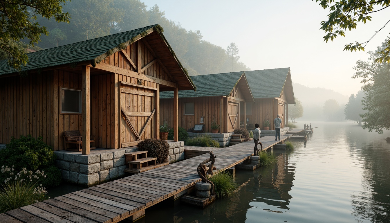 Prompt: Rustic wooden boathouse, weathered planks, distressed finishes, natural stone foundations, moss-covered roofs, overhanging eaves, wooden docks, nautical ropes, vintage anchors, aquatic plants, serene lake views, misty morning atmosphere, soft warm lighting, shallow depth of field, 1/1 composition, realistic textures, ambient occlusion.