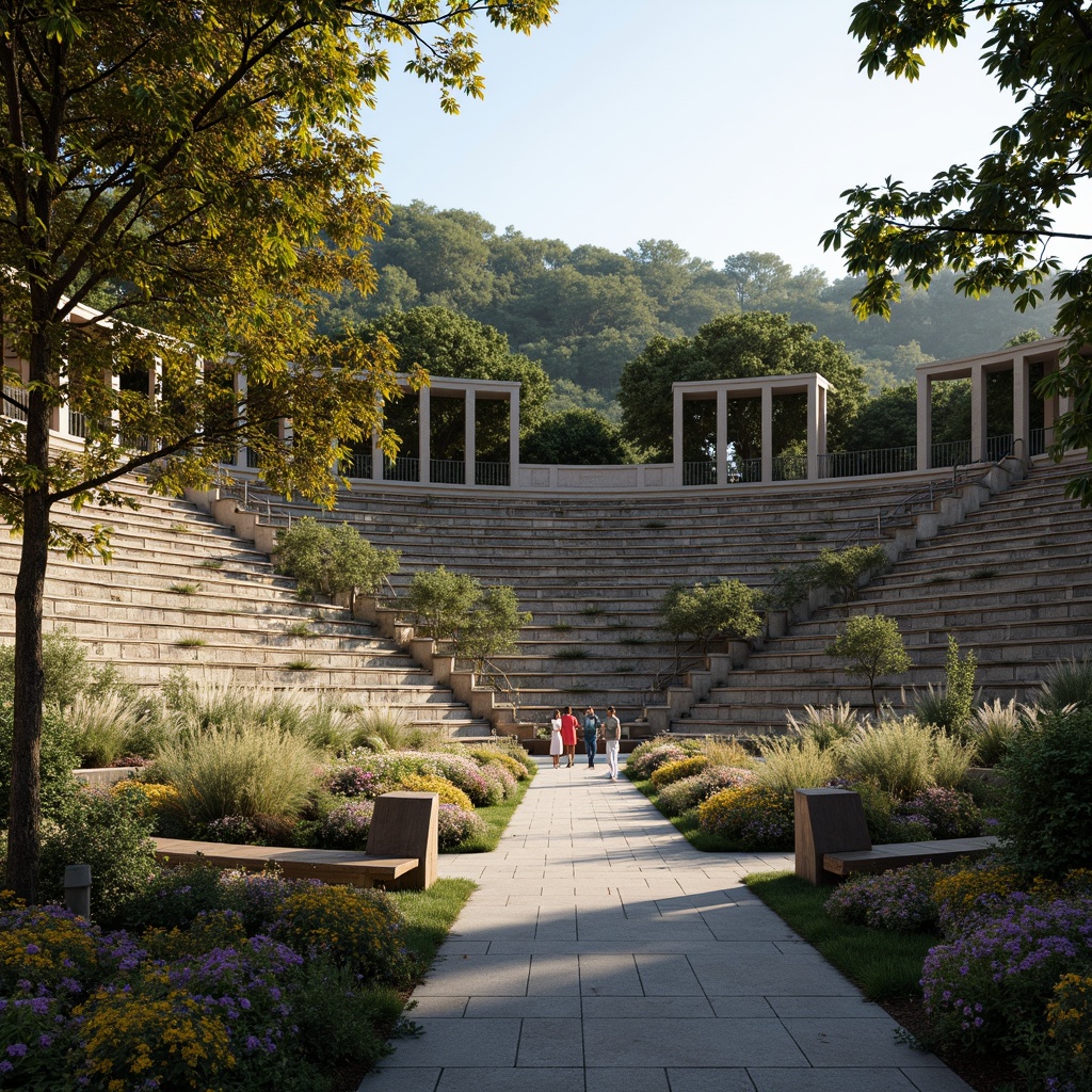 Prompt: Grand amphitheater, tiered seating, natural stone walls, lush greenery, vibrant flowers, wooden benches, educational signs, curved architecture, grand staircase, ornate railings, warm lighting, shallow depth of field, 3/4 composition, panoramic view, realistic textures, ambient occlusion.