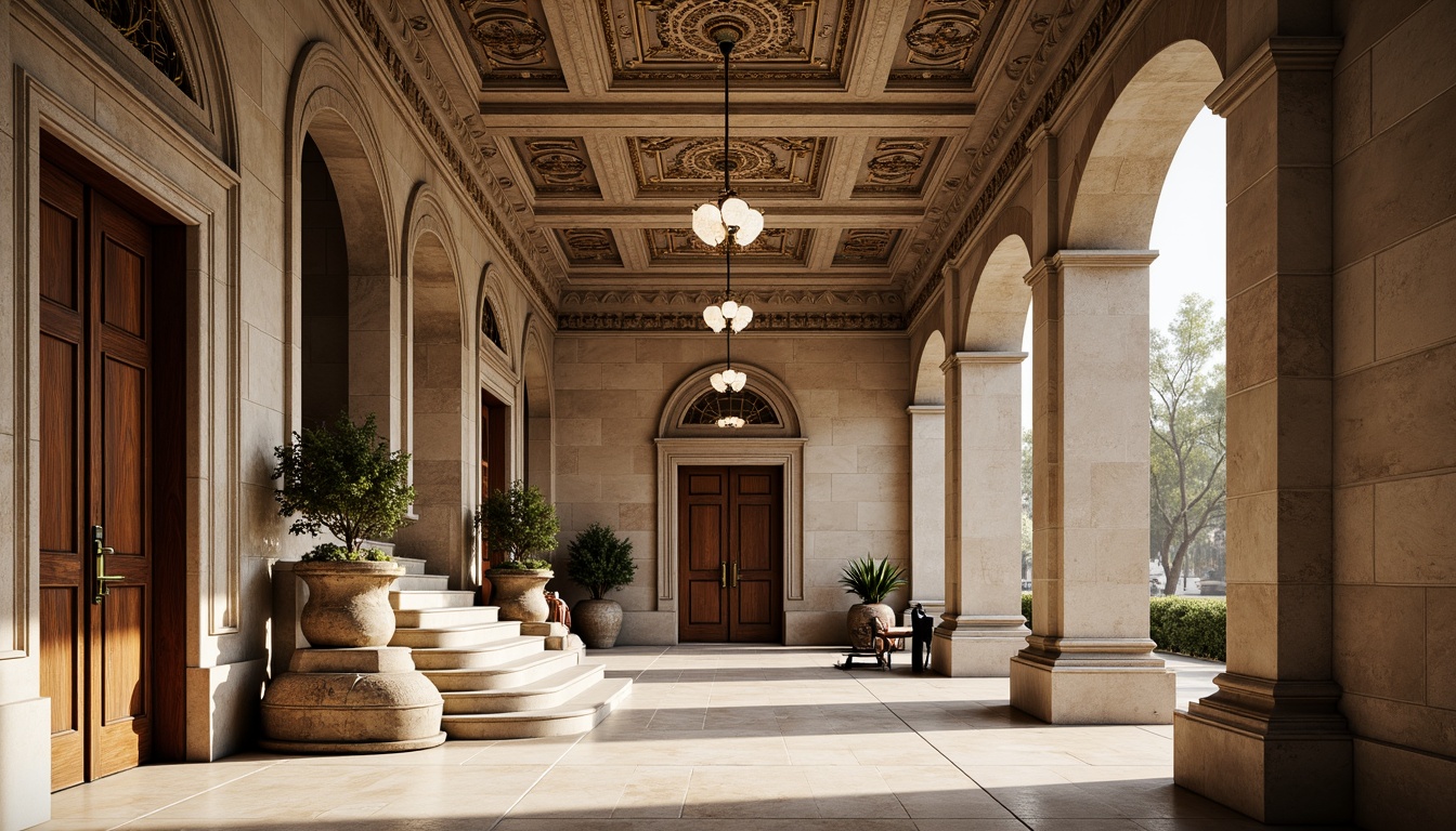 Prompt: Elegant classical architecture, ornate columns, intricately carved capitals, decorative cornices, grand entranceways, sweeping staircases, lavish chandeliers, ornamental moldings, gilded accents, refined proportions, symmetrical facades, rustic stone walls, aged bronze hardware, subtle color palette, soft natural lighting, shallow depth of field, 1/1 composition, realistic textures, ambient occlusion.