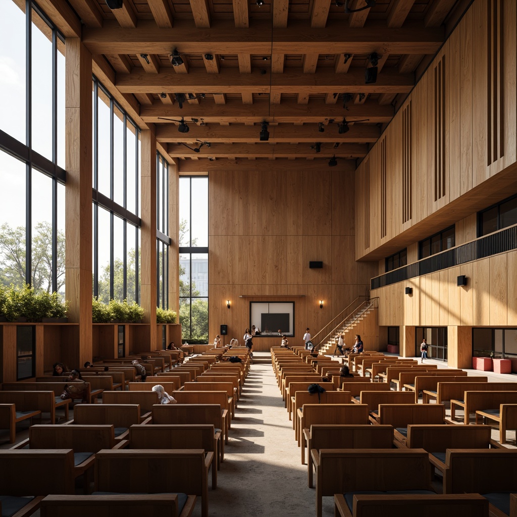 Prompt: Grand auditorium, high ceilings, expansive windows, natural light pouring in, warm wooden tones, comfortable seating, state-of-the-art sound systems, minimal ornamentation, sleek modern architecture, subtle color palette, soft diffused lighting, 1/1 composition, realistic textures, ambient occlusion.