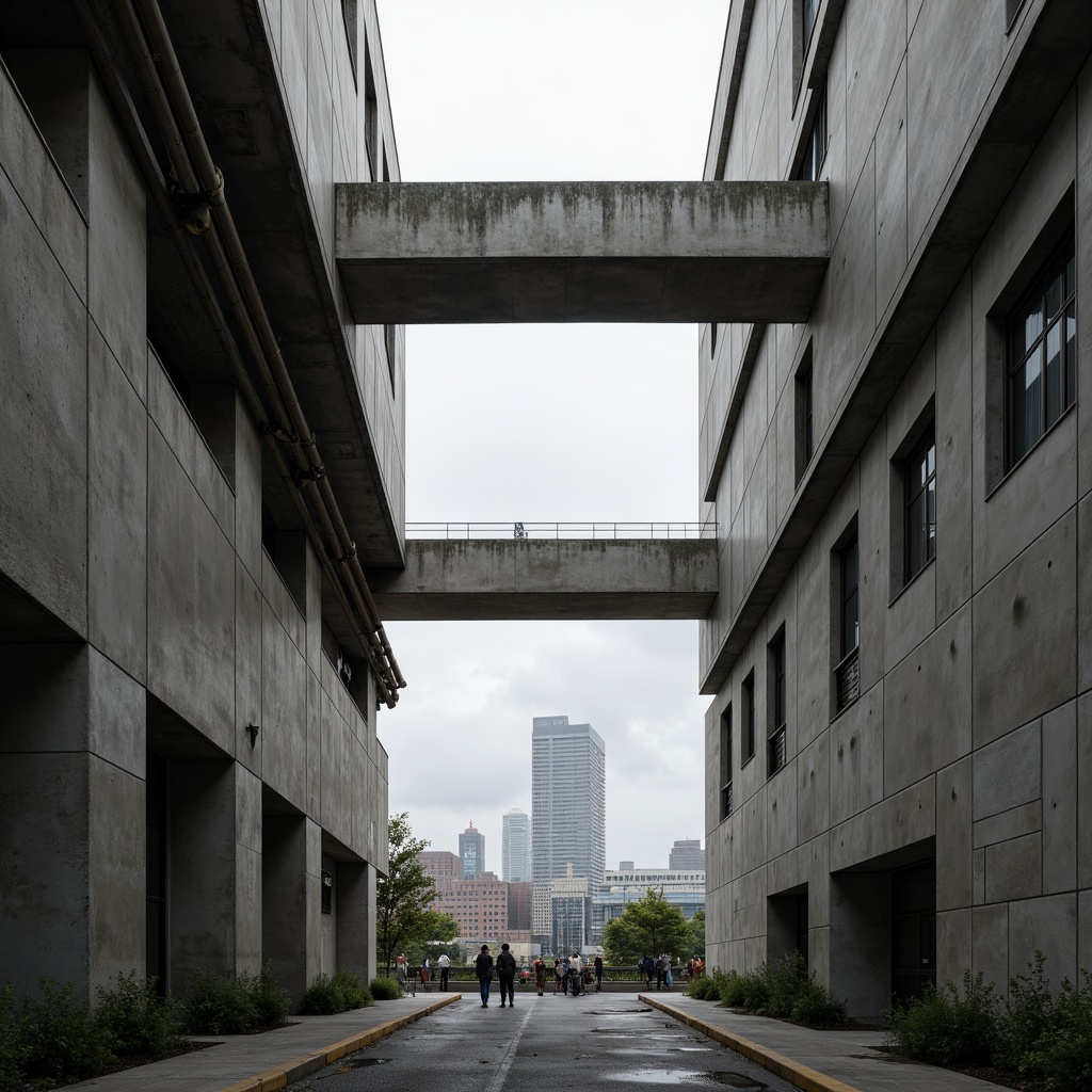 Prompt: Rugged concrete walls, exposed ductwork, industrial pipes, raw steel beams, brutalist architecture, fortress-like structures, monumental scale, geometric shapes, angular lines, minimal ornamentation, functional simplicity, urban landscapes, city skylines, overcast skies, dramatic shadows, high-contrast lighting, 1/1 composition, symmetrical framing, gritty textures, ambient occlusion.