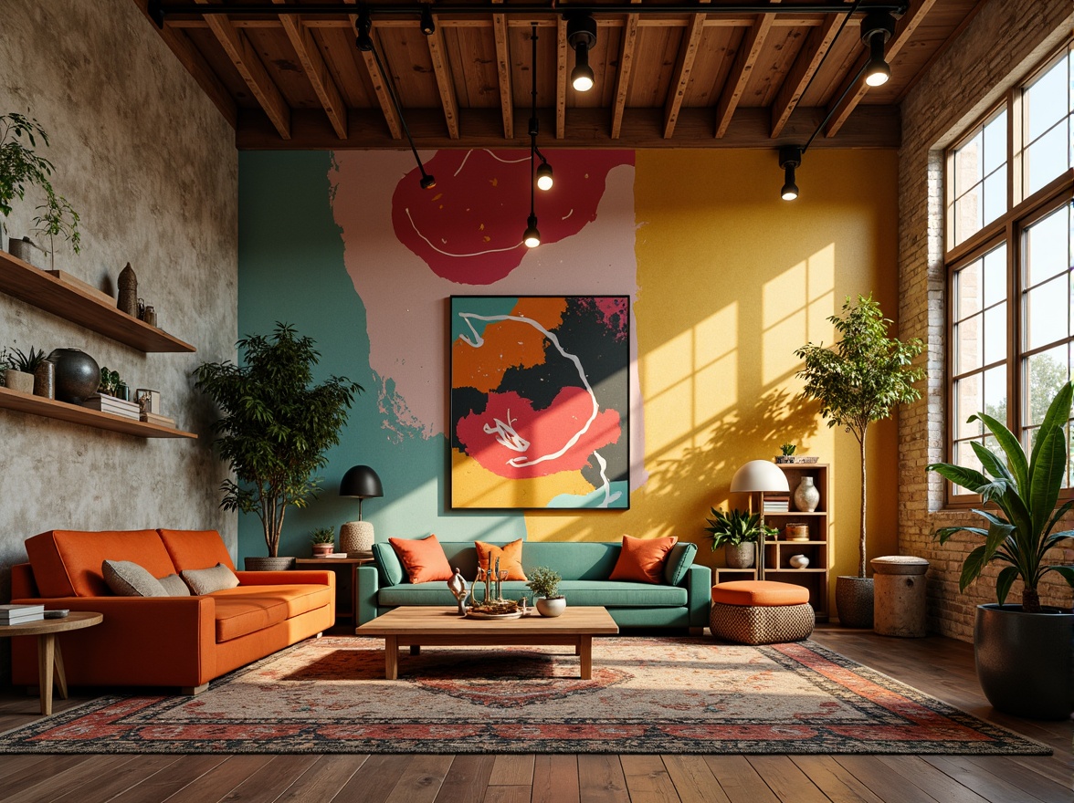 Prompt: Vibrant artistic studio, eclectic furniture, bold color blocking, contrasting textures, abstract artwork, statement lighting fixtures, industrial metal accents, reclaimed wood floors, bohemian-inspired rugs, natural fiber textiles, earthy tone ceramics, warm golden lighting, shallow depth of field, 1/1 composition, realistic renderings, ambient occlusion.