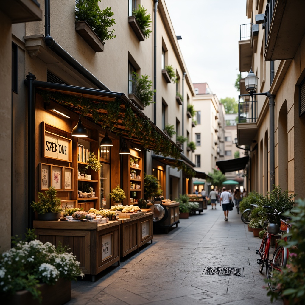 Prompt: Rustic market stalls, vintage signage, distressed wooden textures, ornate ironwork, soft warm lighting, pastel color palette, whimsical typography, eclectic decorative accents, lush greenery, overflowing flower boxes, charming cobblestone streets, historic European-inspired architecture, grand archways, ornate balconies, intricate stonework, warm beige tones, soft focus, shallow depth of field, 1/1 composition, romantic ambiance.