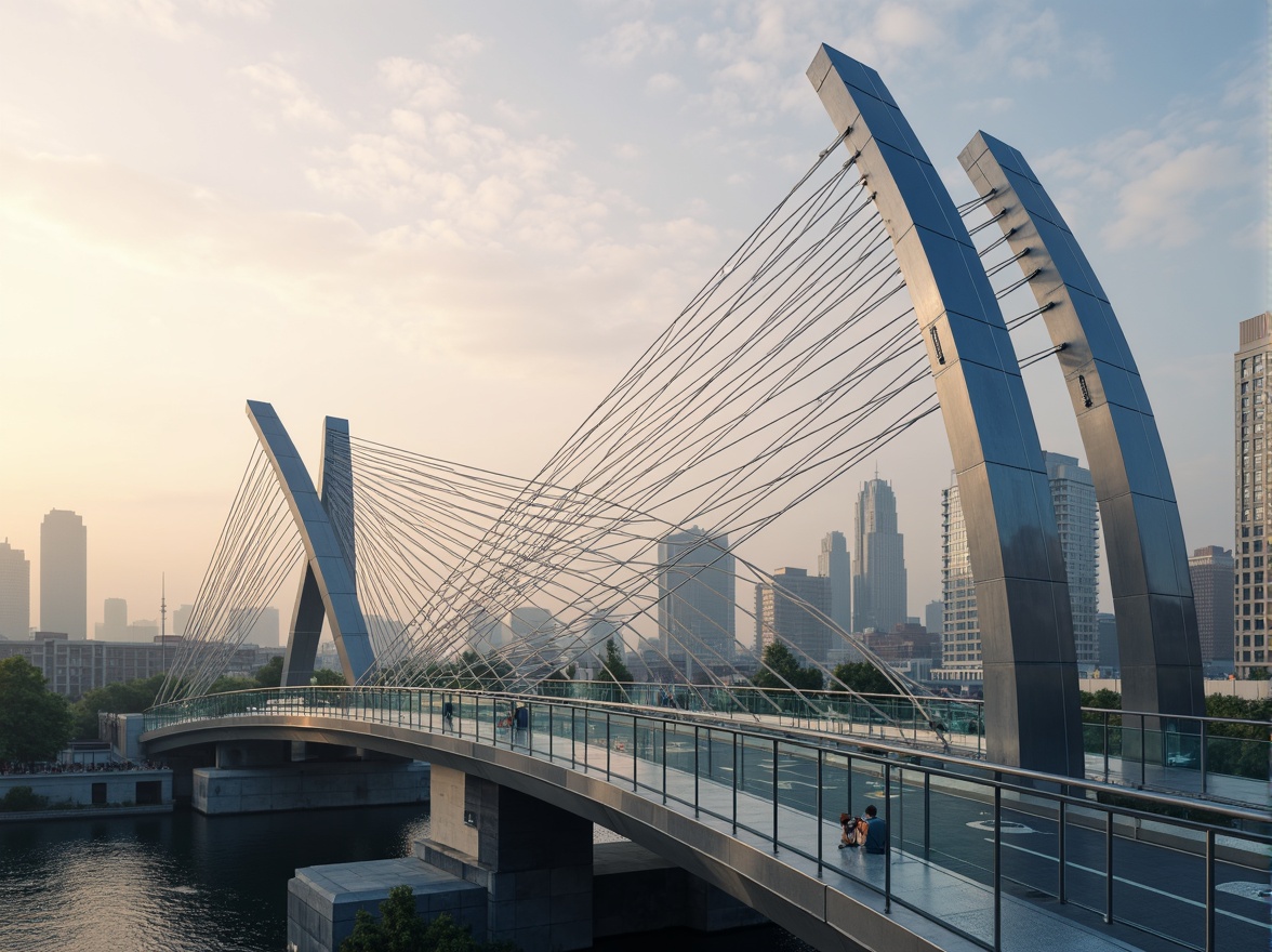 Prompt: Sleek modern bridge, curved lines, stainless steel cables, LED lighting systems, translucent glass railings, urban cityscape, misty morning atmosphere, soft warm glow, shallow depth of field, 1/2 composition, symmetrical view, realistic reflections, ambient occlusion, futuristic architecture, cantilevered sections, diagonal supports, dynamic shapes, kinetic movement, abstract patterns, metallic materials, iridescent colors, gradient effects.