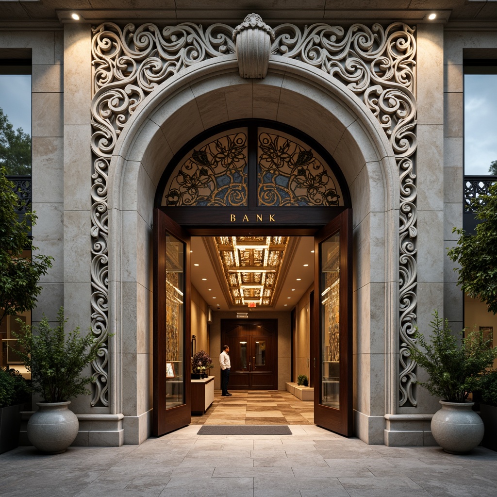 Prompt: Intricate bank facade, ornate stone carvings, flowing organic lines, curved wooden doors, stained glass windows, grand entrance hall, marble floors, polished bronze fixtures, natural stone walls, lush greenery, potted plants, warm ambient lighting, soft focus, shallow depth of field, 1/2 composition, realistic textures, ambient occlusion.