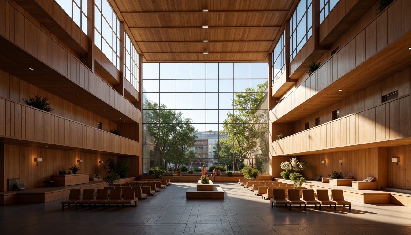 Prompt: Grand auditorium, high ceilings, expansive windows, natural light pouring in, warm wooden tones, comfortable seating, state-of-the-art sound systems, minimal ornamentation, sleek modern architecture, subtle color palette, soft diffused lighting, 1/1 composition, realistic textures, ambient occlusion.