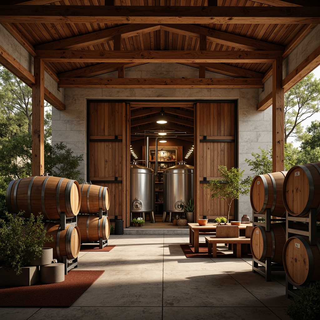 Prompt: Rustic winery building, wooden barrels, vintage wine-making equipment, stone walls, earthy tones, natural lighting, large wooden doors, metal accents, modern industrial touches, sleek steel tanks, stainless steel pipes, fermentation rooms, grape crushing machines, wine cellar, underground tunnels, dim warm lighting, shallow depth of field, 1/1 composition, realistic textures, ambient occlusion.