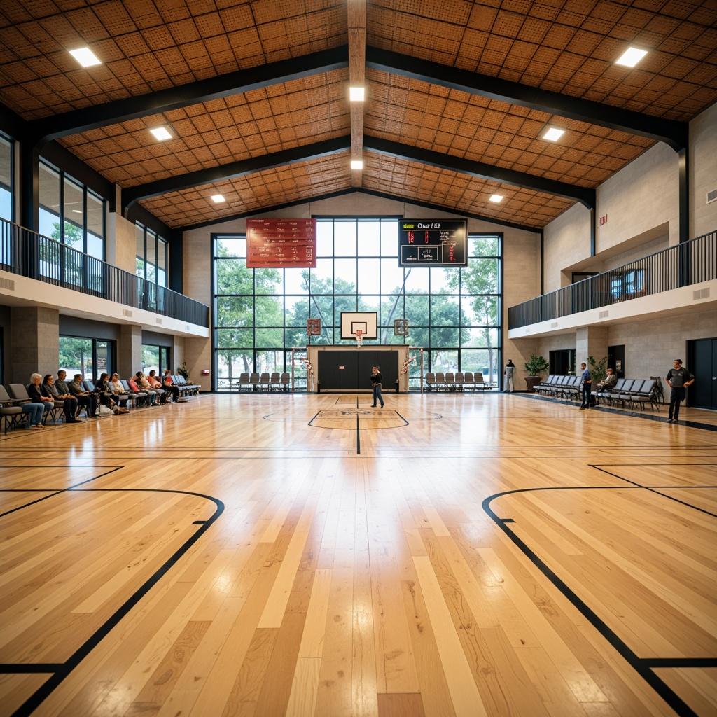 Prompt: Modern gymnasium interior, wooden flooring, sound-absorbing panels, acoustic ceiling tiles, reverberation reduction systems, echo-minimizing design, natural ventilation, large windows, abundant daylight, athletic equipment, basketball hoops, volleyball nets, spectator seating, scoreboards, electronic displays, warm color scheme, soft indirect lighting, shallow depth of field, 1/2 composition, realistic textures, ambient occlusion.