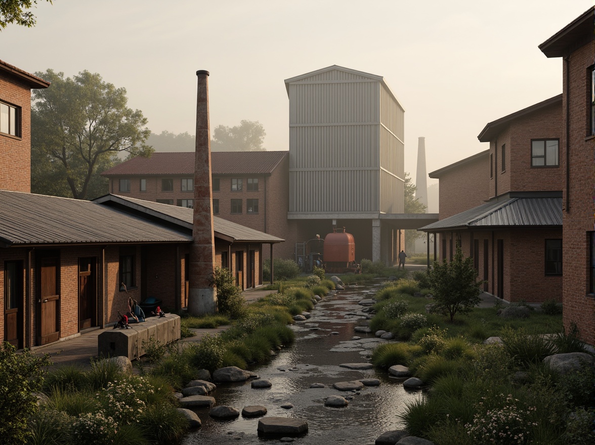 Prompt: Industrial factory complex, rustic brick buildings, corrugated metal roofs, worn concrete walls, vintage machinery, abandoned chimneys, overgrown vegetation, wildflowers, meandering streams, misty atmosphere, soft warm lighting, shallow depth of field, 3/4 composition, panoramic view, realistic textures, ambient occlusion, regionalist architectural style, functional simplicity, earthy color palette, distressed finishes, reclaimed wood accents, metal cladding, industrial heritage, nostalgic ambiance.