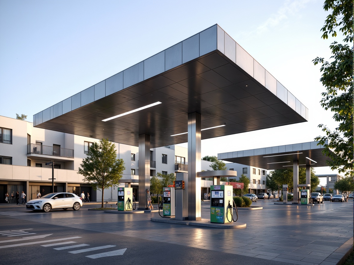 Prompt: Modern gas station, sleek canopy structure, minimalist design, angular lines, stainless steel beams, translucent roofing, natural ventilation, LED lighting, futuristic fuel pumps, digital signage, urban landscape, busy streets, morning sunlight, shallow depth of field, 1/1 composition, realistic textures, ambient occlusion.