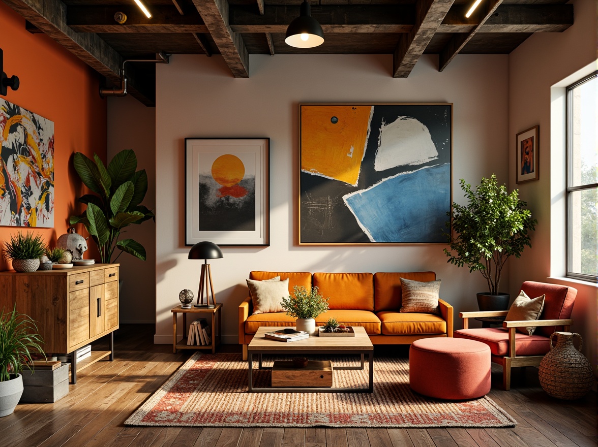 Prompt: Vibrant artistic studio, eclectic furniture, bold color blocking, contrasting textures, abstract artwork, statement lighting fixtures, industrial metal accents, reclaimed wood floors, bohemian-inspired rugs, natural fiber textiles, earthy tone ceramics, warm golden lighting, shallow depth of field, 1/1 composition, realistic renderings, ambient occlusion.