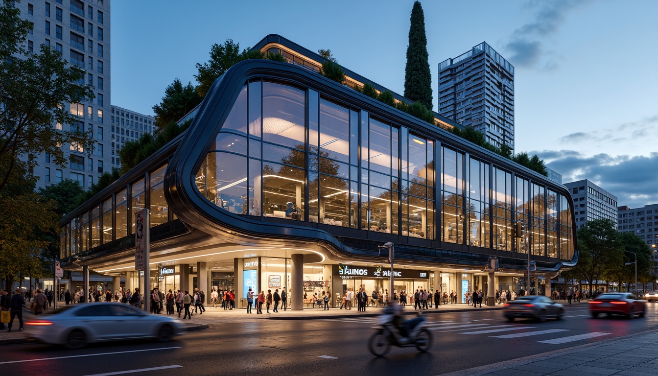 Prompt: Futuristic transportation hub, dynamic LED lighting, sleek metallic fa\u00e7ade, angular lines, minimalist design, cantilevered roofs, large glass windows, sliding doors, modern signage, urban landscape, busy streets, rush hour atmosphere, soft warm lighting, shallow depth of field, 3/4 composition, panoramic view, realistic textures, ambient occlusion, vibrant colorful accents, intricate geometric patterns, sustainable energy solutions, solar panels, green roofs, eco-friendly materials.