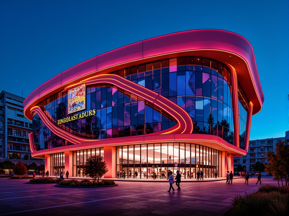 Prompt: Vibrant stadium facade, dynamic curves, bold angular lines, futuristic expressionist architecture, neon-lit LED lights, abstract geometric patterns, irregular shapes, clashing colors, distorted proportions, oversized arches, sweeping cantilevers, dramatic shadows, high-contrast lighting, 1/2 composition, low-angle shot, cinematic atmosphere, realistic materials, ambient occlusion.