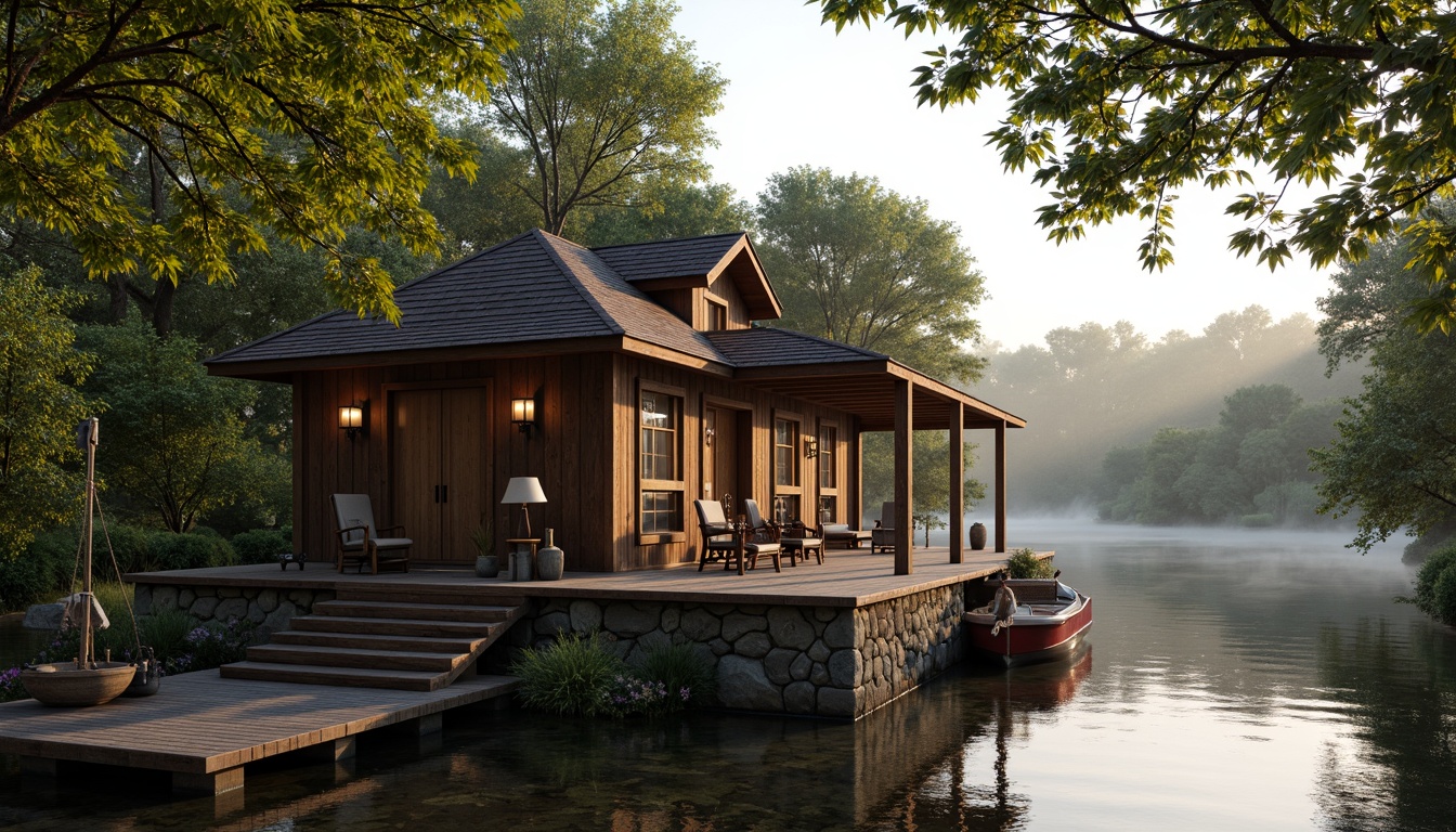 Prompt: Rustic boathouse, wooden dock, serene lake waters, lush greenery, overhanging trees, vintage nautical elements, distressed wood textures, earthy color palette, natural stone foundations, classic architectural details, ornate metalwork, lantern-style lighting, warm golden hour, soft misty atmosphere, shallow depth of field, 1/2 composition, symmetrical framing, realistic water reflections, ambient occlusion.