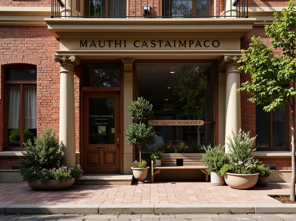 Prompt: Rustic coffee shop facade, academic architectural style, brick walls, stone columns, ornate details, wooden doors, vintage signage, cozy atmosphere, warm lighting, earthy tones, natural materials, greenery surroundings, blooming flowers, sunny day, soft focus, shallow depth of field, 1/1 composition, realistic textures, ambient occlusion.