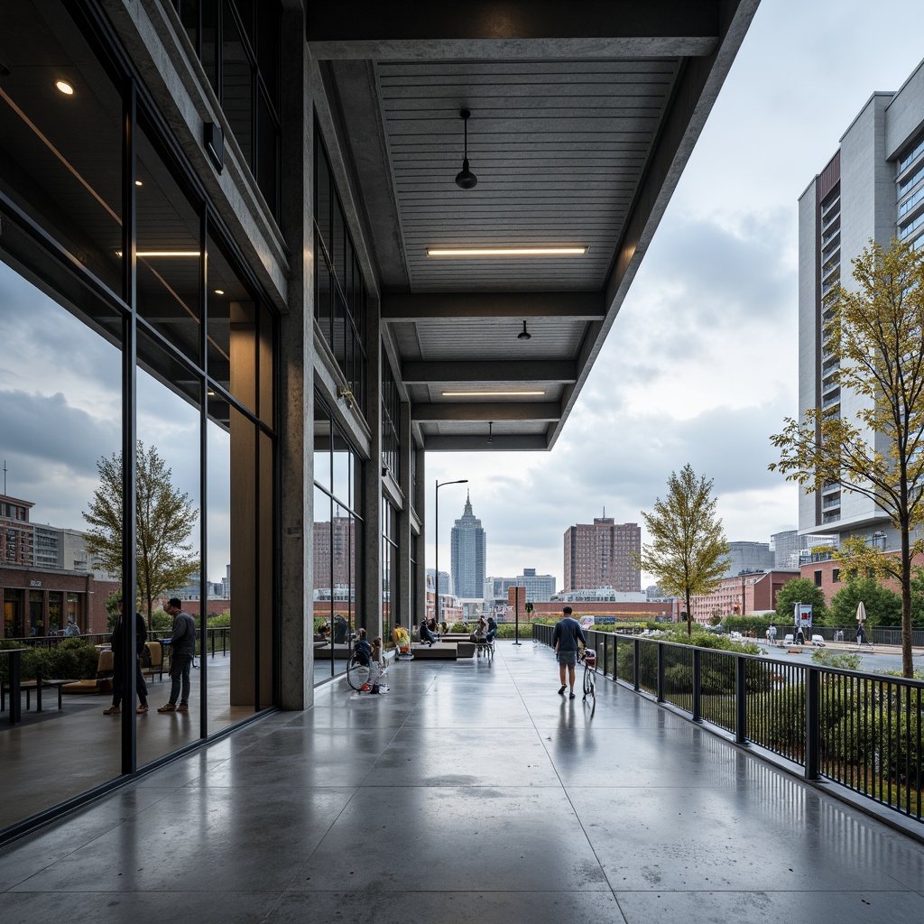 Prompt: Modern steel-framed building, sleek metal fa\u00e7ade, minimalist design, industrial chic aesthetic, exposed ductwork, polished concrete floors, floor-to-ceiling windows, sliding glass doors, urban cityscape, cloudy sky, soft natural lighting, shallow depth of field, 3/4 composition, panoramic view, realistic metallic textures, ambient occlusion.