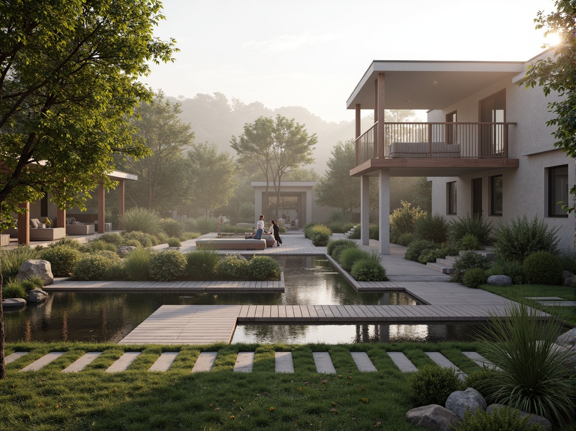 Prompt: Seamless site integration, minimalist architecture, clean lines, simple forms, neutral color palette, natural materials, wooden accents, stone walls, green roofs, subtle textures, ambient lighting, soft shadows, 1/1 composition, symmetrical framing, serene atmosphere, peaceful surroundings, lush vegetation, calm water features, misty morning, warm sunlight, shallow depth of field.