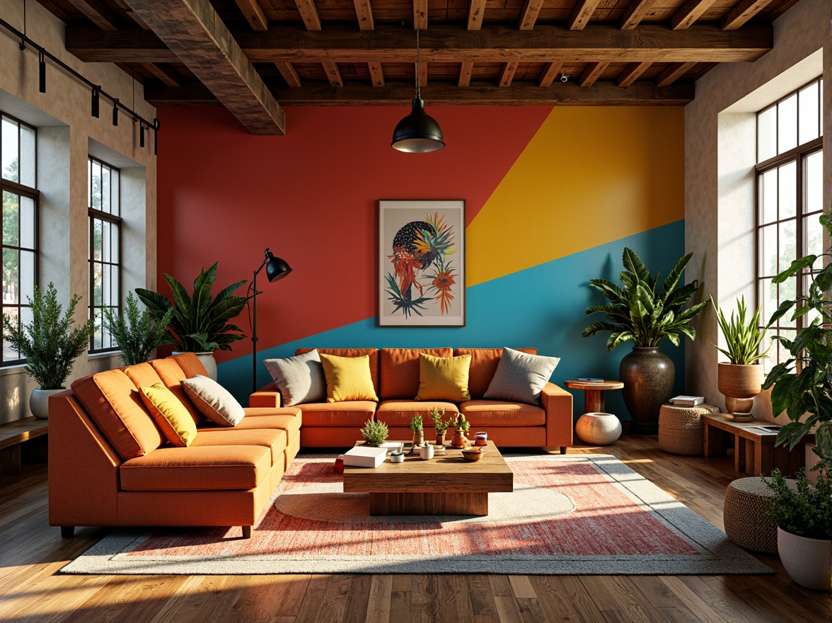 Prompt: Vibrant artistic studio, eclectic furniture, bold color blocking, contrasting textures, abstract artwork, statement lighting fixtures, industrial metal accents, reclaimed wood floors, bohemian-inspired rugs, natural fiber textiles, earthy tone ceramics, warm golden lighting, shallow depth of field, 1/1 composition, realistic renderings, ambient occlusion.