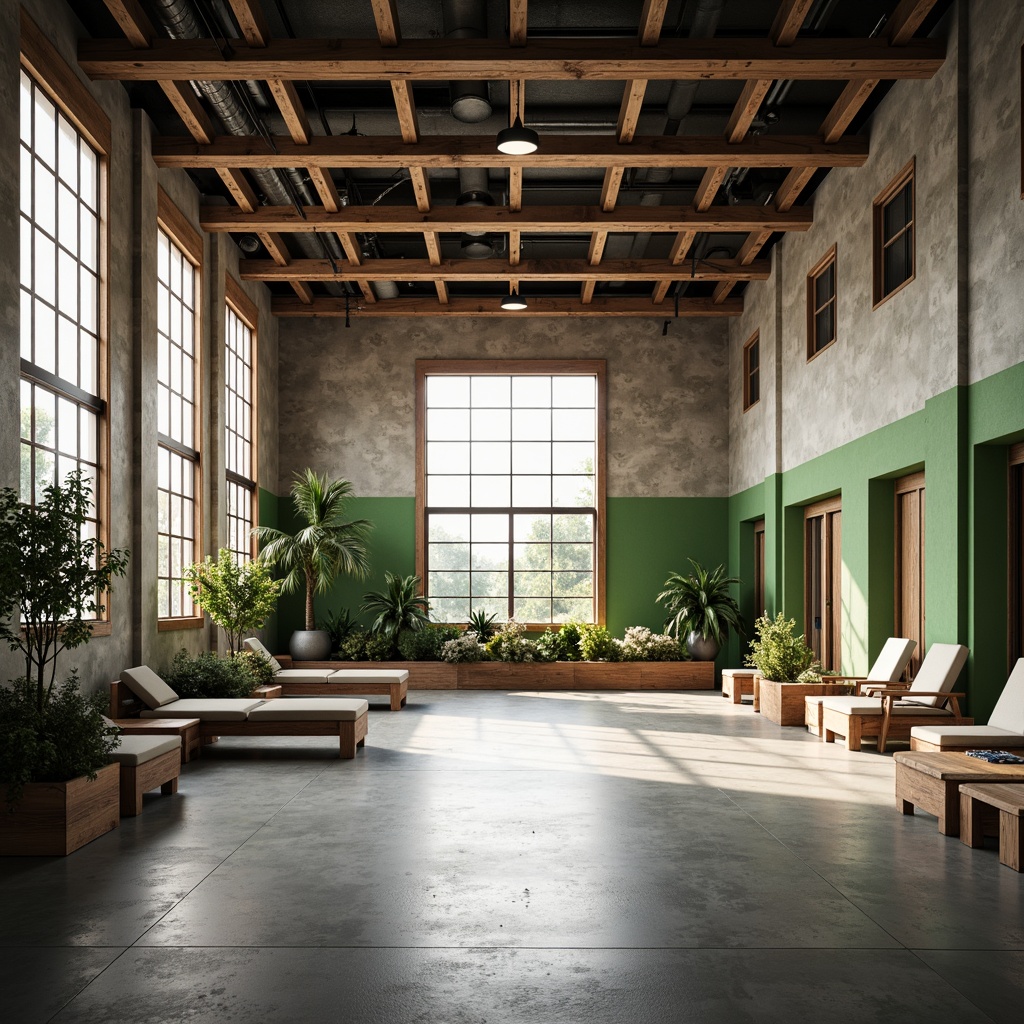 Prompt: Minimalist gymnasium interior, natural light pouring in, polished concrete floors, reclaimed wood accents, industrial metal beams, eco-friendly rubber flooring, energy-efficient LED lighting, green walls with living plants, modern minimalist equipment, sleek steel frames, recycled plastic furniture, calm color palette, abundant natural ventilation, shallow depth of field, 1/1 composition, soft warm lighting, realistic textures, ambient occlusion.