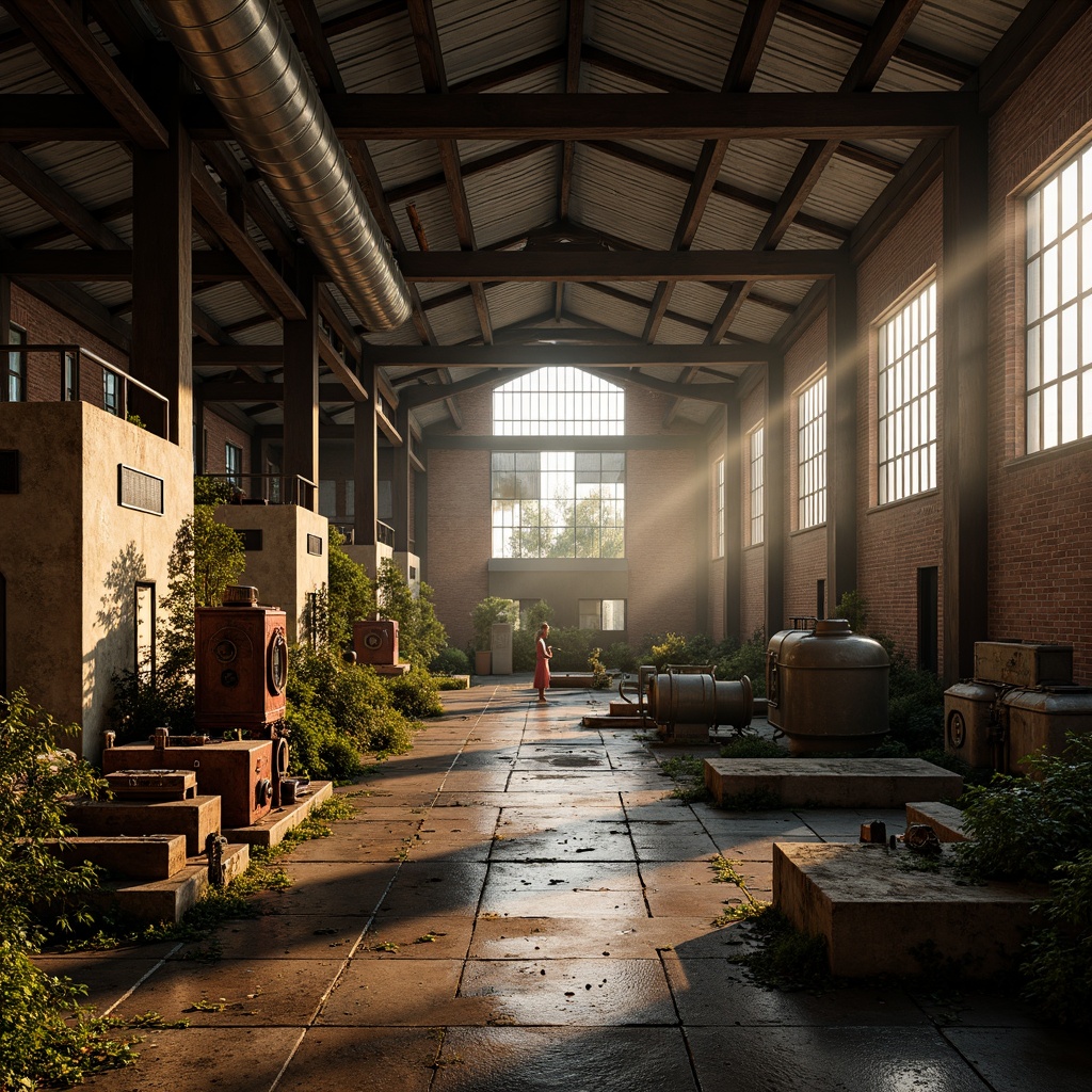 Prompt: Rustic industrial landscape, abandoned factories, distressed brick walls, corrugated metal roofs, worn wooden beams, vintage machinery, urban decay, overgrown vegetation, gritty urban atmosphere, warm golden lighting, shallow depth of field, 1/2 composition, cinematic view, realistic textures, ambient occlusion, nostalgic mood, retro-futuristic elements, exposed ductwork, concrete floors, steel columns, reclaimed wood accents, industrial chic aesthetic.