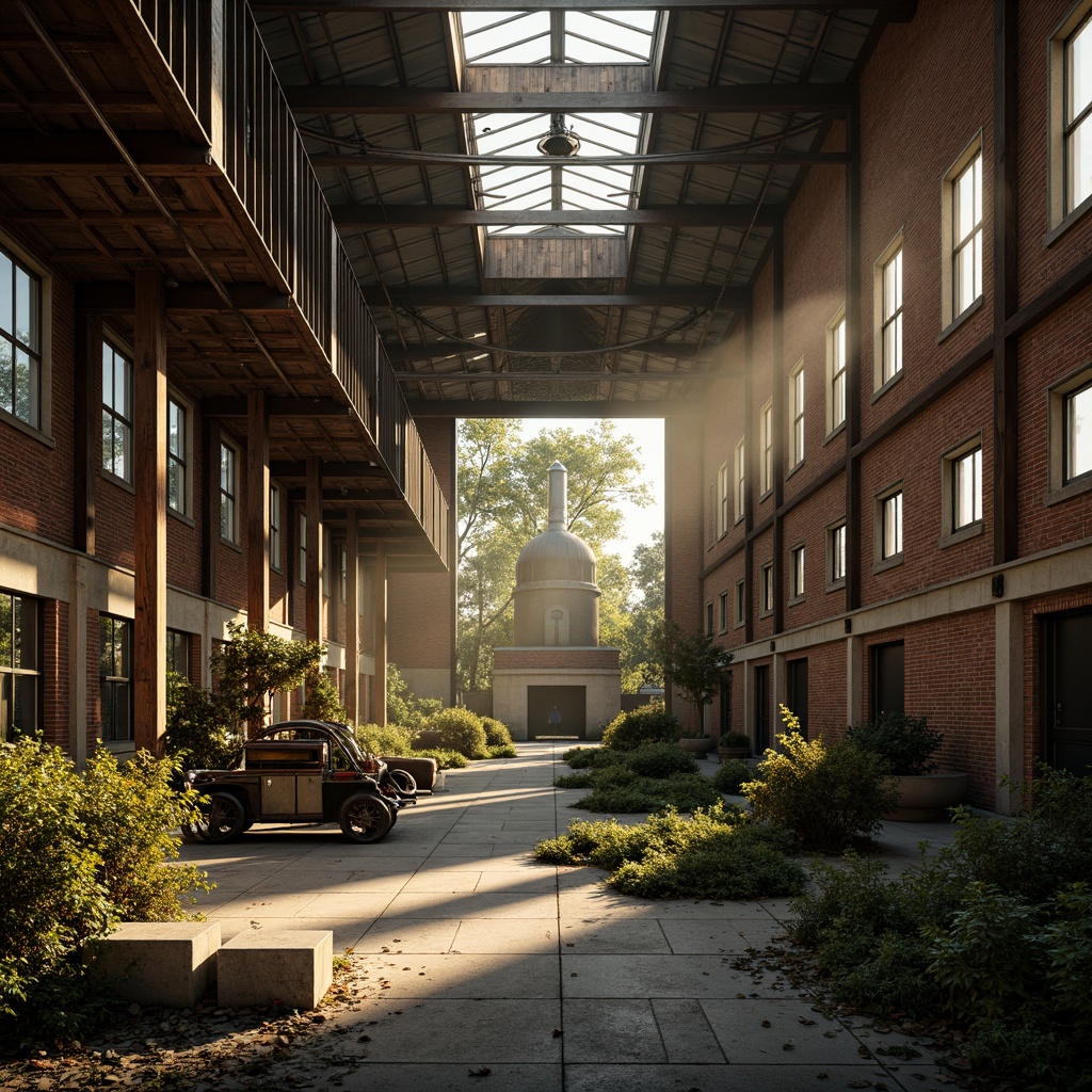 Prompt: Rustic industrial landscape, abandoned factories, distressed brick walls, corrugated metal roofs, worn wooden beams, vintage machinery, urban decay, overgrown vegetation, gritty urban atmosphere, warm golden lighting, shallow depth of field, 1/2 composition, cinematic view, realistic textures, ambient occlusion, nostalgic mood, retro-futuristic elements, exposed ductwork, concrete floors, steel columns, reclaimed wood accents, industrial chic aesthetic.