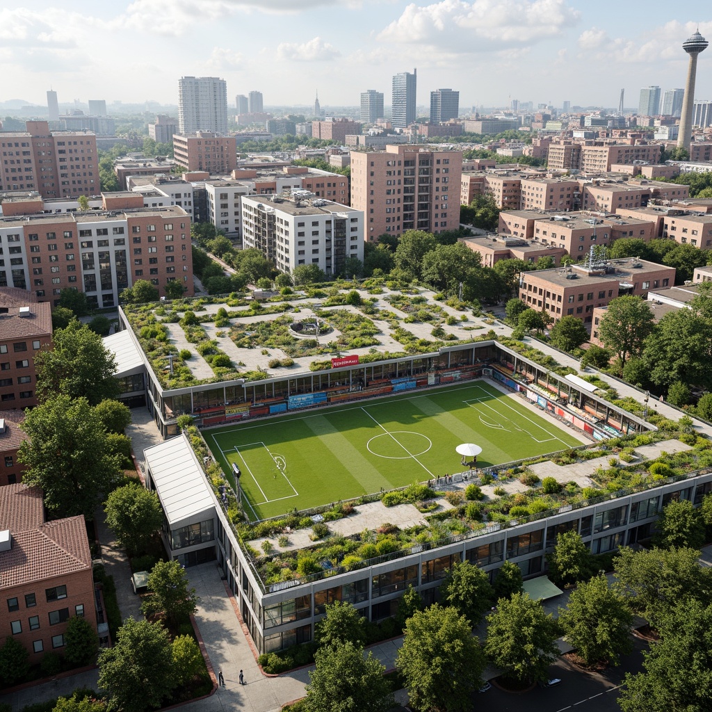 Prompt: Eco-friendly soccer stadium, social housing complex, green roofs, solar panels, wind turbines, rainwater harvesting systems, recycled materials, natural ventilation, large windows, minimal carbon footprint, community gardens, public art installations, vibrant street art, urban agriculture, vertical farming, modern architecture, angular lines, sleek metal fa\u00e7ades, transparent glass walls, open-air corridors, shaded outdoor spaces, misting systems, warm color scheme, soft ambient lighting, 3/4 composition, panoramic view, realistic textures, ambient occlusion.