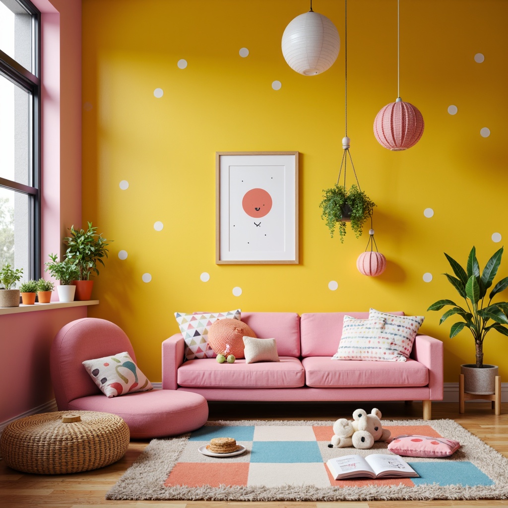 Prompt: Vibrant playroom, whimsical color accents, bold polka dots, bright yellow walls, soft pink furniture, playful geometric patterns, textured carpets, natural wood floors, modern minimalist decor, cozy reading nooks, oversized pillows, fun abstract artwork, eclectic decorative objects, warm task lighting, shallow depth of field, 1/1 composition, realistic textures, ambient occlusion.