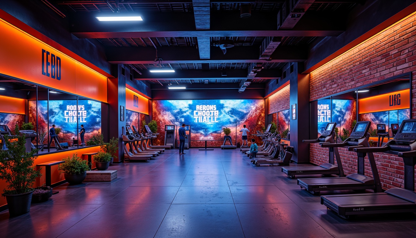 Prompt: Vibrant fitness club, energetic atmosphere, bold color scheme, neon lights, dark grey floors, metallic equipment, sleek mirrors, modern architecture, industrial chic design, urban loft style, exposed brick walls, reclaimed wood accents, motivational quotes, dynamic lighting, high-contrast colors, electric blue tones, fiery orange hues, deep black backgrounds, silver chrome details, abstract geometric patterns, futuristic ambiance, intense workout zones, relaxation lounges, natural stone features, refreshing greenery, invigorating scents.