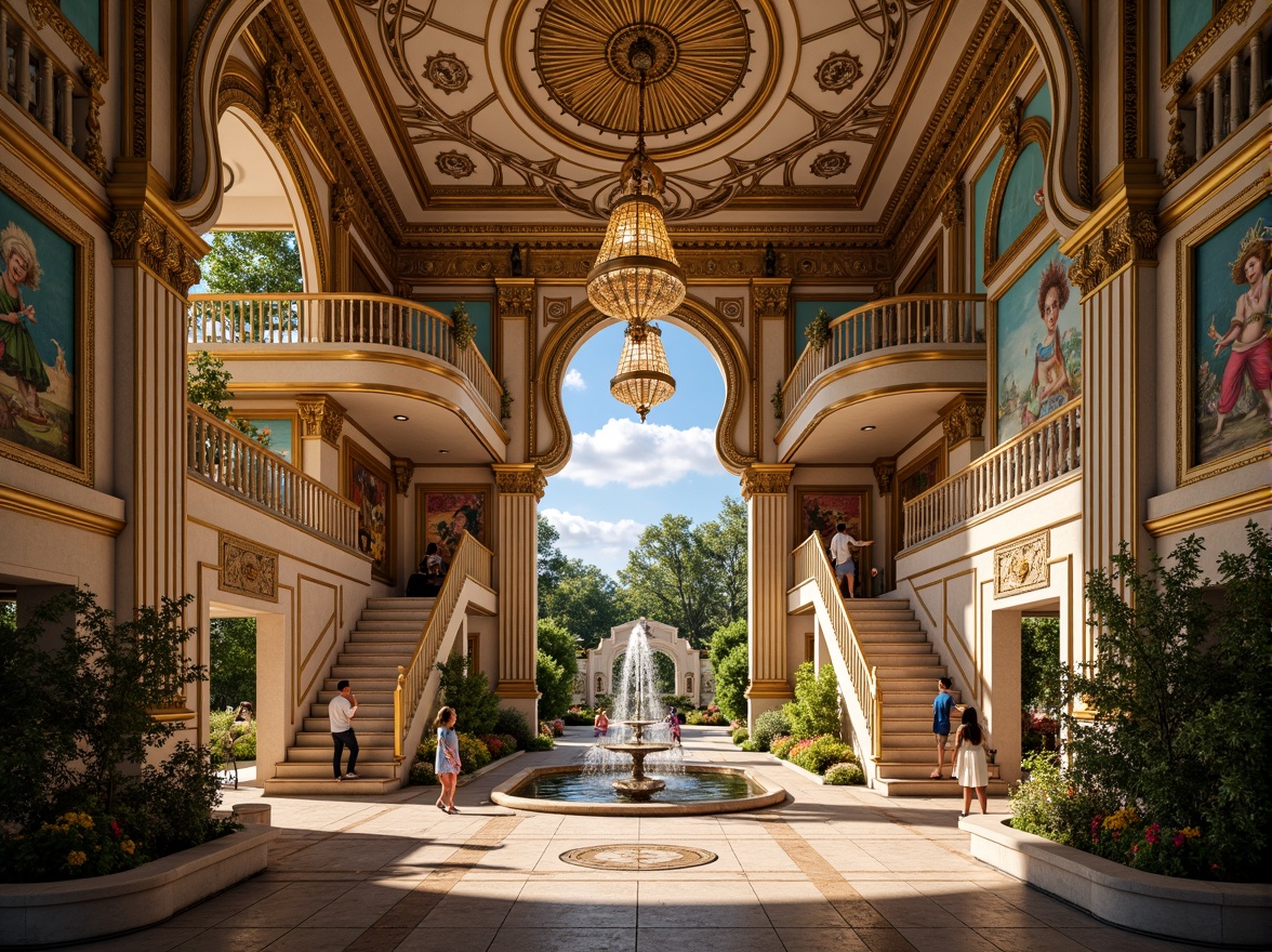 Prompt: Intricate kindergarten, ornate Baroque architecture, lavish decorations, golden accents, curved lines, grand entrance, sweeping staircases, opulent chandeliers, vibrant colorful murals, whimsical sculptures, playful fountains, lush greenery, soft warm lighting, shallow depth of field, 1/1 composition, realistic textures, ambient occlusion.