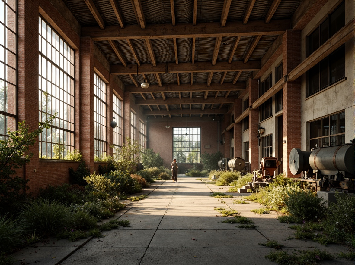 Prompt: Rustic industrial landscape, abandoned factories, distressed brick walls, corrugated metal roofs, worn wooden beams, vintage machinery, urban decay, overgrown vegetation, gritty urban atmosphere, warm golden lighting, shallow depth of field, 1/2 composition, cinematic view, realistic textures, ambient occlusion, nostalgic mood, retro-futuristic elements, exposed ductwork, concrete floors, steel columns, reclaimed wood accents, industrial chic aesthetic.