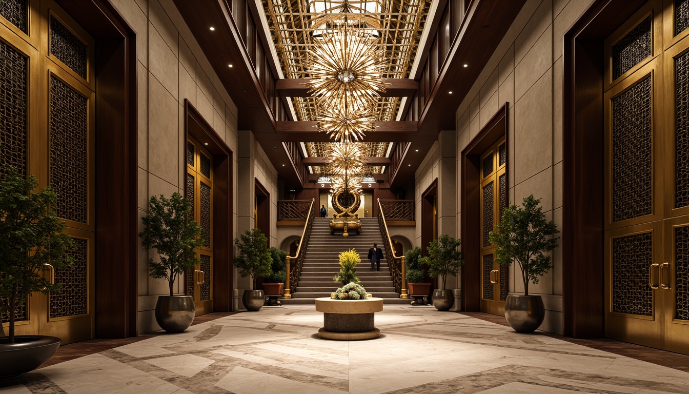 Prompt: Geometric metalwork, ornate bronze doors, luxurious marble floors, opulent chandeliers, stylized floral patterns, zigzag motifs, chevron designs, sunburst decorations, stepped silhouettes, curved lines, metallic accents, lavish furnishings, rich textiles, bold color schemes, dramatic lighting effects, low-angle shots, cinematic composition, high-contrast rendering, intricate details, ornate facades, grand staircases, majestic entrances.