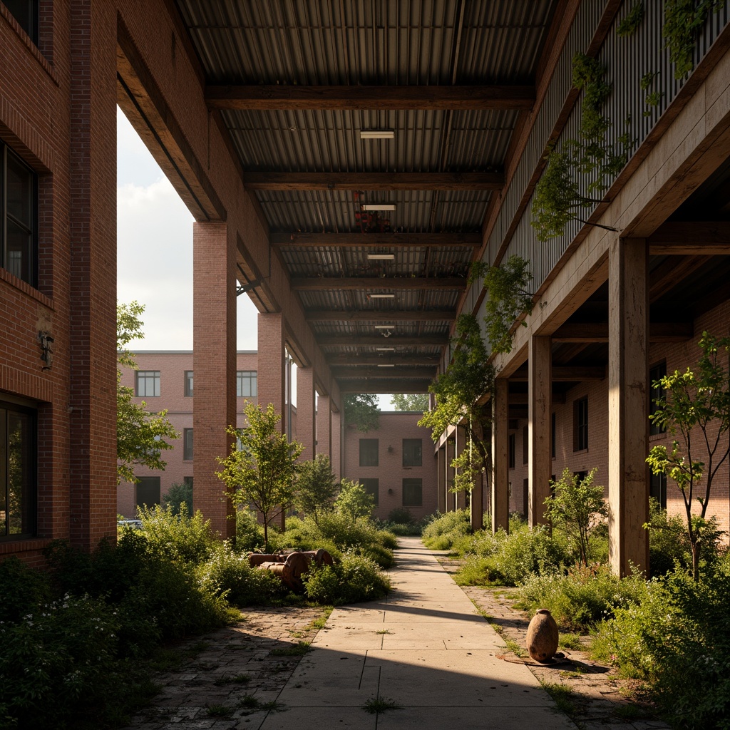 Prompt: Rustic industrial landscape, abandoned factories, distressed brick walls, corrugated metal roofs, worn wooden beams, vintage machinery, urban decay, overgrown vegetation, gritty urban atmosphere, warm golden lighting, shallow depth of field, 1/2 composition, cinematic view, realistic textures, ambient occlusion, nostalgic mood, retro-futuristic elements, exposed ductwork, concrete floors, steel columns, reclaimed wood accents, industrial chic aesthetic.