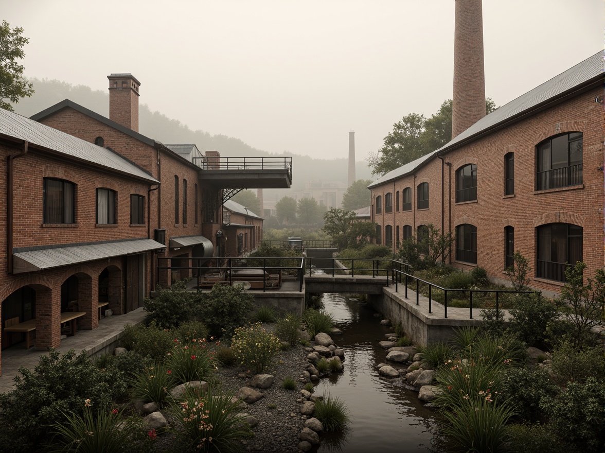 Prompt: Industrial factory complex, rustic brick buildings, corrugated metal roofs, worn concrete walls, vintage machinery, abandoned chimneys, overgrown vegetation, wildflowers, meandering streams, misty atmosphere, soft warm lighting, shallow depth of field, 3/4 composition, panoramic view, realistic textures, ambient occlusion, regionalism-inspired architecture, modern industrial design, functional spaces, exposed ductwork, metal catwalks, reclaimed wood accents, earthy color palette, natural stone pathways, weathered steel bridges.