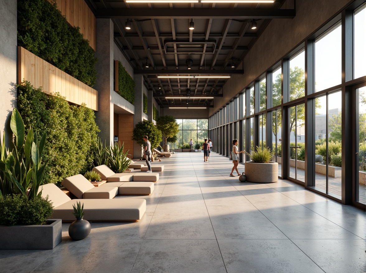 Prompt: Minimalist gymnasium interior, natural light pouring in, polished concrete floors, reclaimed wood accents, industrial metal beams, eco-friendly rubber flooring, energy-efficient LED lighting, green walls with living plants, modern minimalist equipment, sleek steel frames, recycled plastic furniture, calm color palette, abundant natural ventilation, shallow depth of field, 1/1 composition, soft warm lighting, realistic textures, ambient occlusion.