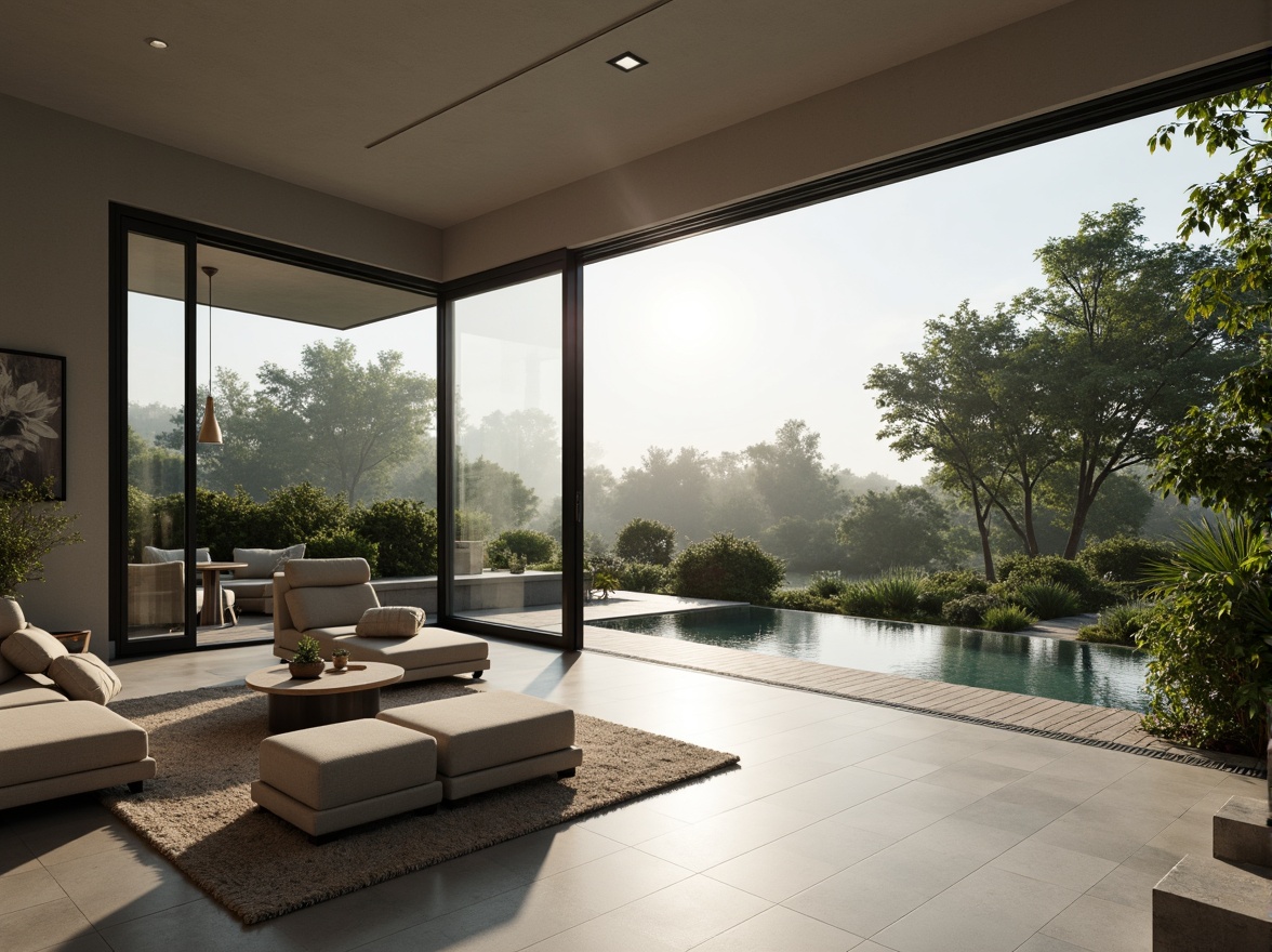 Prompt: Minimalist villa, open-plan living area, sleek lines, monochromatic color scheme, polished concrete floors, floor-to-ceiling windows, sliding glass doors, natural light pouring in, airy atmosphere, low-profile furniture, hidden storage spaces, green roof, surrounding lush vegetation, serene forest views, misty morning, soft warm lighting, shallow depth of field, 1/1 composition, realistic textures, ambient occlusion.