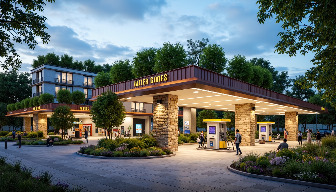 Prompt: Vibrant gas station, lush green roofs, native plant species, natural stone walls, modern architecture, sleek metal canopies, LED lighting, eco-friendly fueling systems, solar panels, rainwater harvesting systems, permeable pavement, stormwater management, outdoor seating areas, shaded walkways, pedestrian-friendly access, wheelchair-accessible ramps, clear signage, wayfinding graphics, warm color scheme, soft evening lighting, shallow depth of field, 3/4 composition, panoramic view, realistic textures, ambient occlusion.