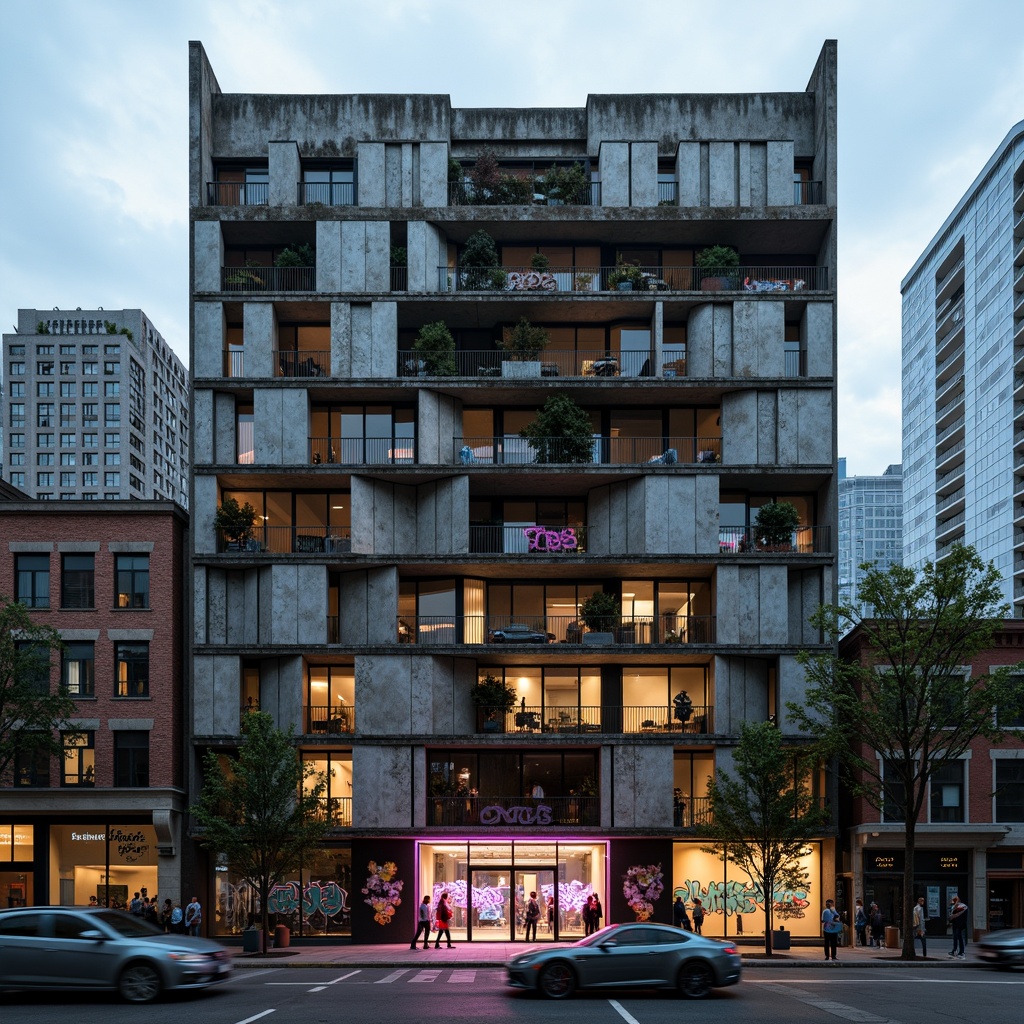 Prompt: Deconstructed building facade, fragmented forms, distressed textures, industrial materials, exposed ductwork, metallic tones, rusted steel, weathered concrete, bold graffiti, vibrant neon lights, urban cityscape, overcast sky, dramatic shadows, high contrast lighting, cinematic composition, abstract expressionism.