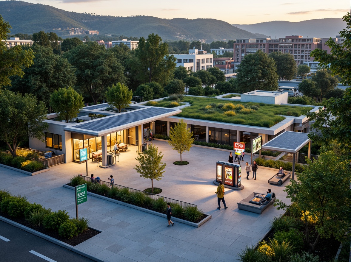 Prompt: Vibrant gas station, lush green roofs, native plant species, natural stone walls, modern architecture, sleek metal canopies, LED lighting, eco-friendly fueling systems, solar panels, rainwater harvesting systems, permeable pavement, stormwater management, outdoor seating areas, shaded walkways, pedestrian-friendly access, wheelchair-accessible ramps, clear signage, wayfinding graphics, warm color scheme, soft evening lighting, shallow depth of field, 3/4 composition, panoramic view, realistic textures, ambient occlusion.