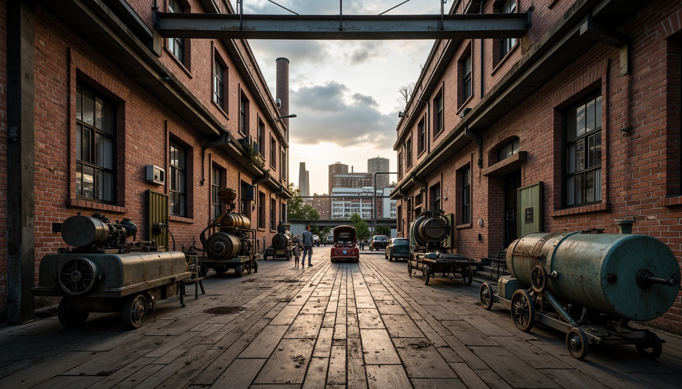 Prompt: Industrial factory setting, exposed brick walls, metal beams, worn wooden floors, distressed concrete textures, vintage machinery, rusty pipes, urban cityscape, cloudy grey skies, warm golden lighting, shallow depth of field, 1/2 composition, realistic materials, ambient occlusion, muted color palette, earthy tones, weathered steel blues, faded reds, industrial greens, creamy whites, rich browns.