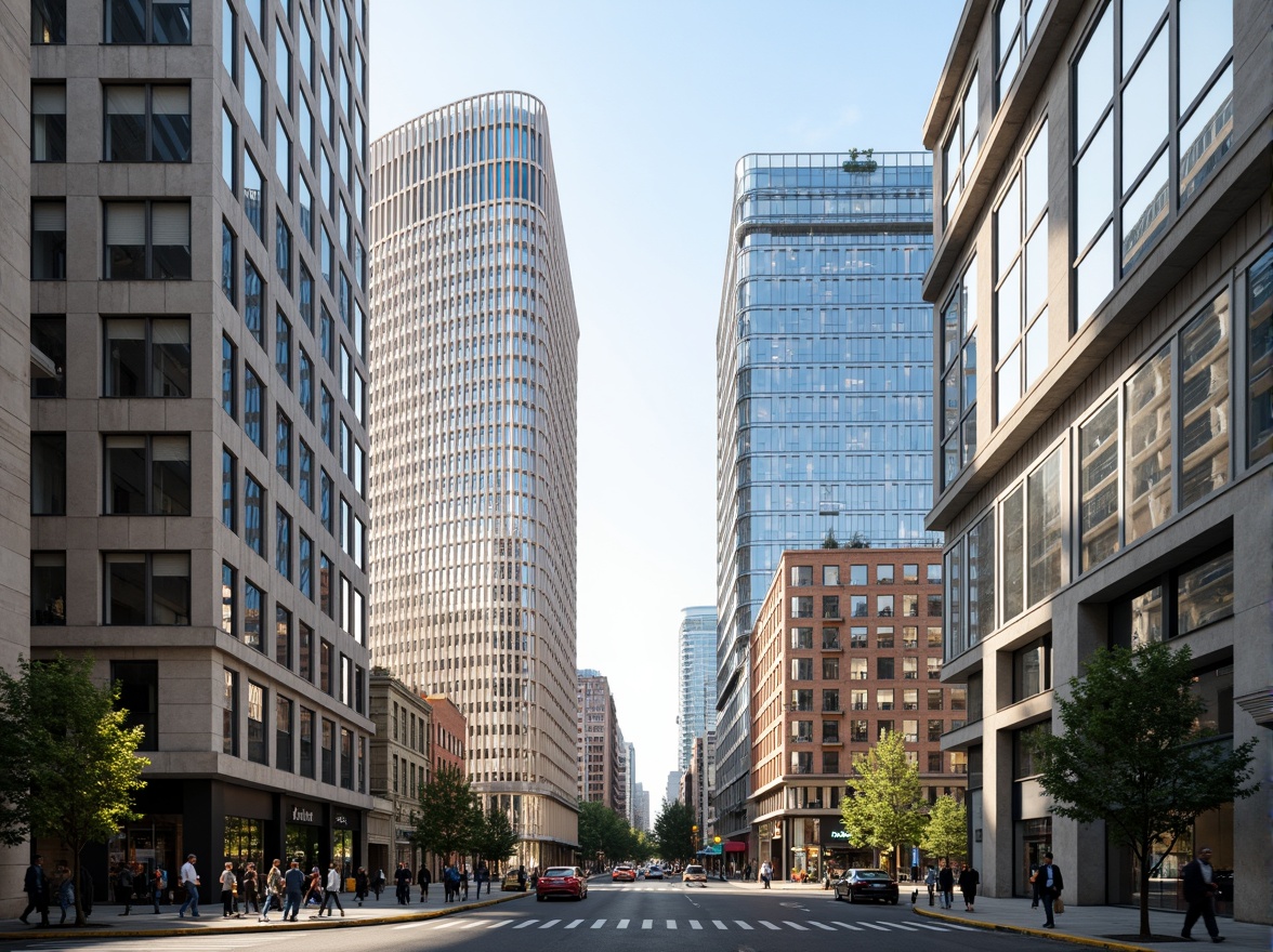 Prompt: Sleek modern buildings, curved lines, metallic surfaces, reflective glass facades, monochromatic color scheme, neutral tones, creamy whites, dark grays, bold accents, vibrant blues, warm beige, industrial materials, urban cityscape, busy streets, morning sunlight, soft shadows, 1/1 composition, symmetrical framing, high contrast lighting, realistic reflections.