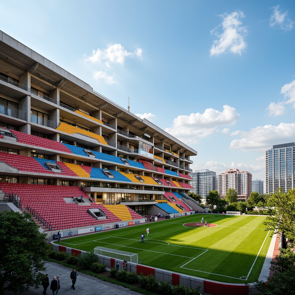 Prompt: Vibrant soccer stadium, social housing facade, bold color scheme, dynamic curves, angular lines, modern architecture, cantilevered roofs, large windows, metal cladding, concrete structures, urban landscape, city skyline, sunny day, dramatic lighting, shallow depth of field, 1/1 composition, realistic textures, ambient occlusion, lively atmosphere, energetic vibe, community spirit.