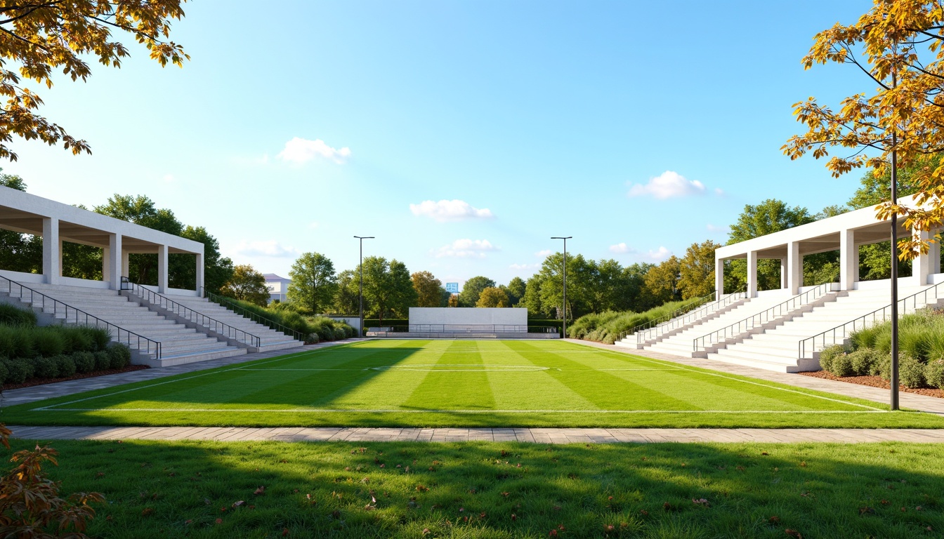 Prompt: Simple sports field, lush green grass, white goalposts, minimalist bleachers, clean lines, modernist architecture, sleek metal fences, natural stone pathways, sparse trees, clear blue sky, warm sunny day, soft diffused lighting, shallow depth of field, 3/4 composition, panoramic view, realistic textures, ambient occlusion.