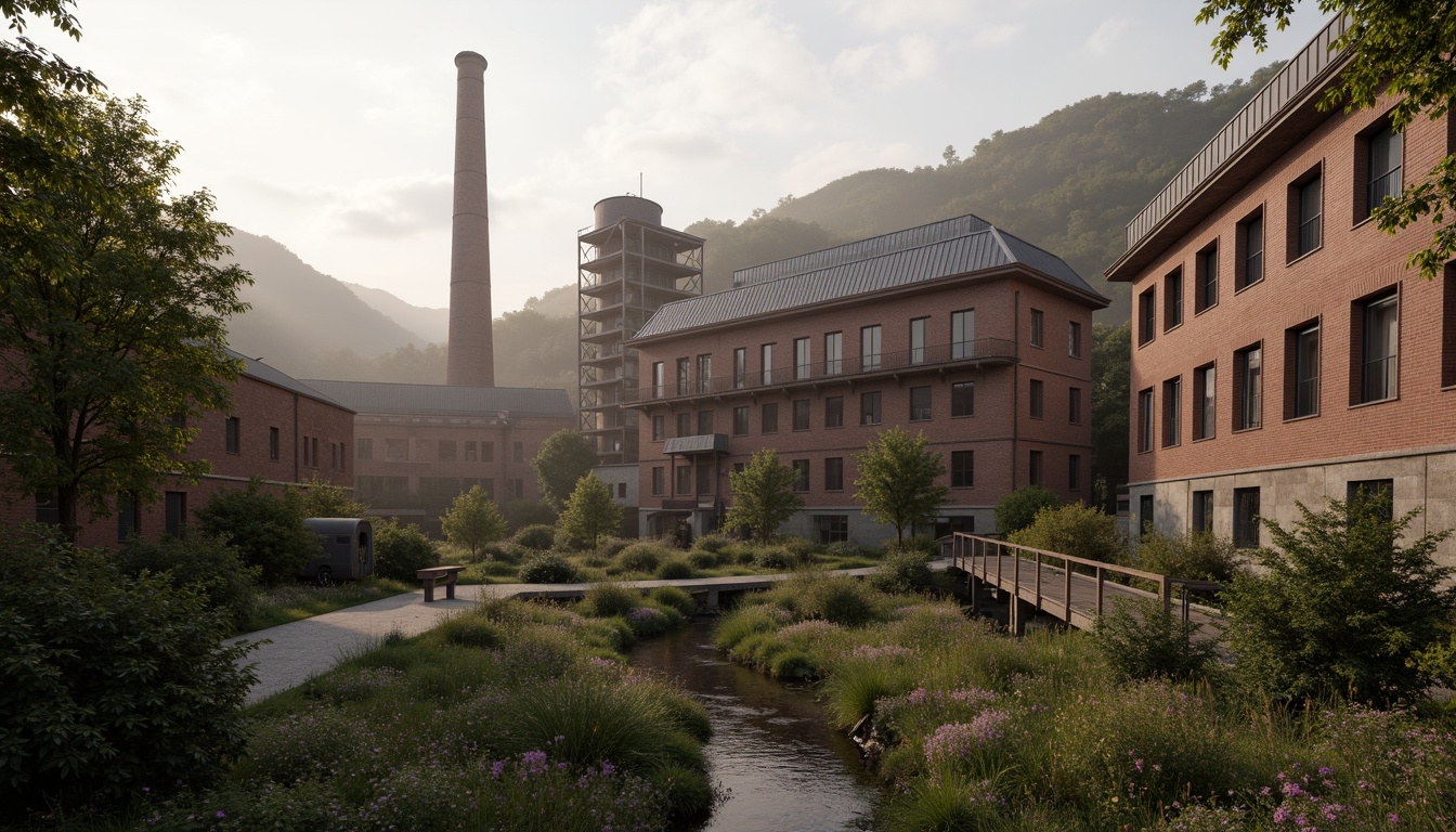 Prompt: Industrial factory complex, rustic brick buildings, corrugated metal roofs, worn concrete walls, vintage machinery, abandoned chimneys, overgrown vegetation, wildflowers, meandering streams, misty atmosphere, soft warm lighting, shallow depth of field, 3/4 composition, panoramic view, realistic textures, ambient occlusion, regionalism-inspired architecture, modern industrial design, functional spaces, exposed ductwork, metal catwalks, reclaimed wood accents, earthy color palette, natural stone pathways, weathered steel bridges.